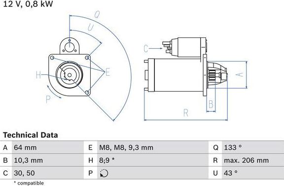 Стартер Bosch для Fiat Uno I 1986-2003. Артикул 0 986 019 301