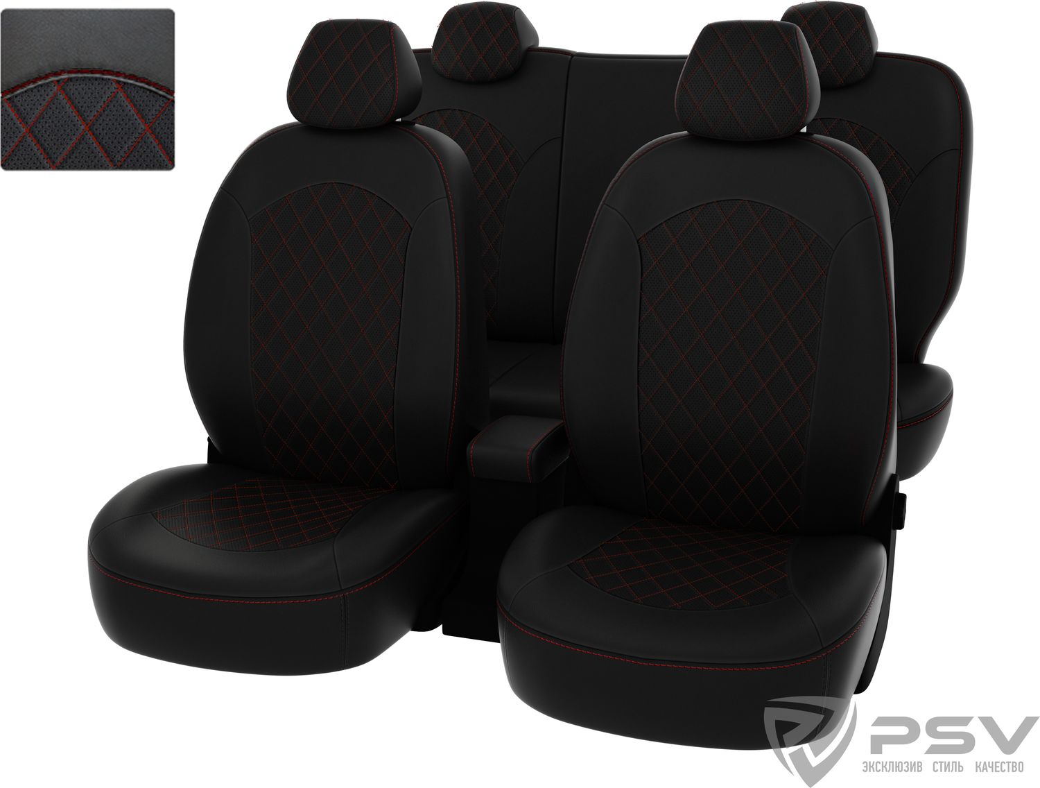 Чехлы PSV Оригинал на сидения для Kia Rio III 2011-2017, цвет Черный/отстрочка красная. Артикул 130796