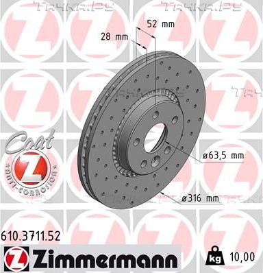 Тормозной диск Zimmermann Sport Coat Z передний для Volvo V70 III 2007-2016. Артикул 610.3711.52