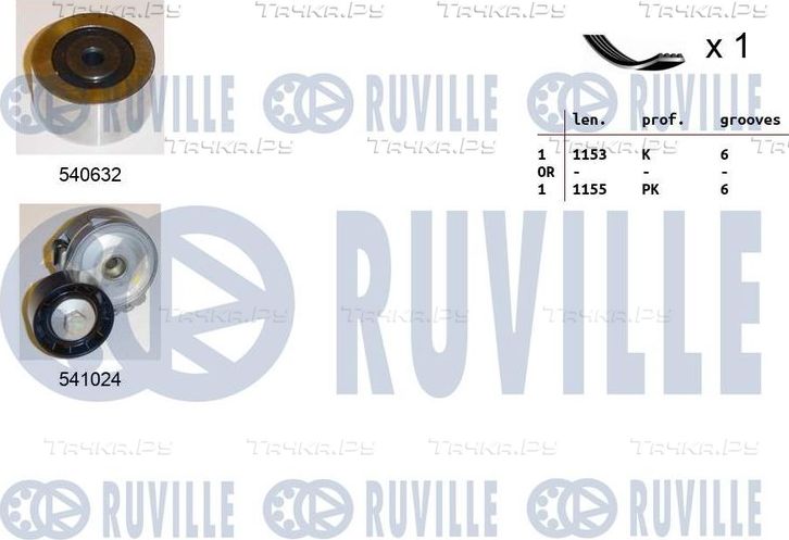 Приводной ремень поликлиновой с роликами (комплект) Ruville для Citroen C4 I 2007-2008. Артикул 570188