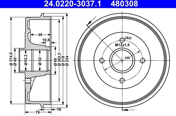 Тормозной барабан ATE задний для Renault Twingo II 2007-2014. Артикул 24.0220-3037.1