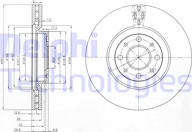 Тормозной диск Delphi передний для Fiat Stilo 2001-2007. Артикул BG3699