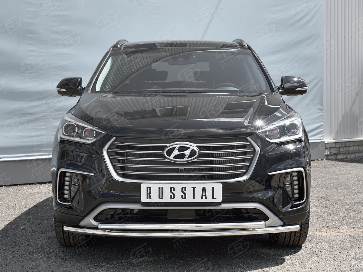 Защита RusStal переднего бампера d42 (дуга) для Hyundai Santa Fe Grand 2016-2026. Артикул HSFZ-002731