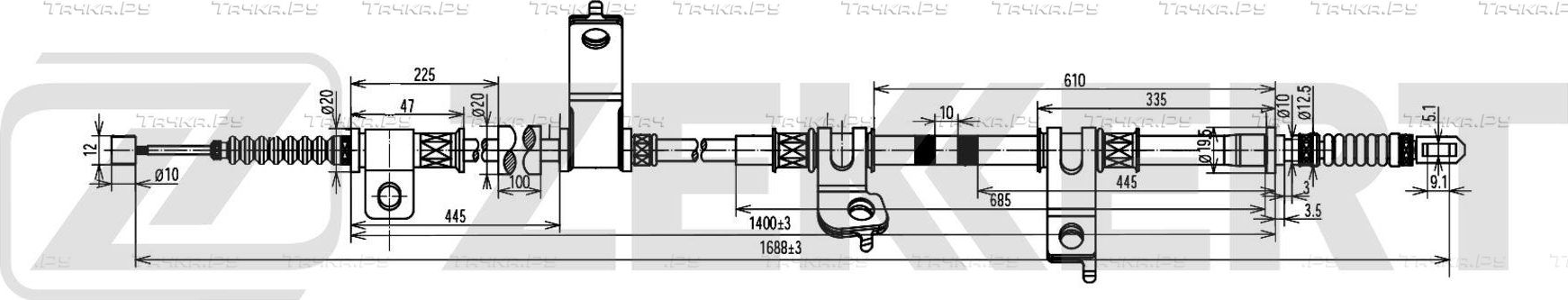 Трос ручника (тросик ручного тормоза) Zekkert. Артикул BZ-1162
