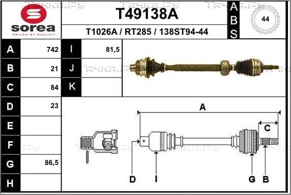 Полуось (привод в сборе, приводной вал) EAI. Артикул T49138A