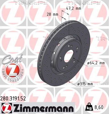 Тормозной диск Zimmermann Sport Coat Z передний для Honda CR-V IV 2012-2018. Артикул 280.3191.52