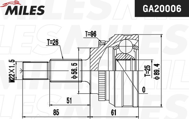 Шрус наружный (граната) Miles передний/задний для Audi 100 III (C3) 1982-1990. Артикул GA20006