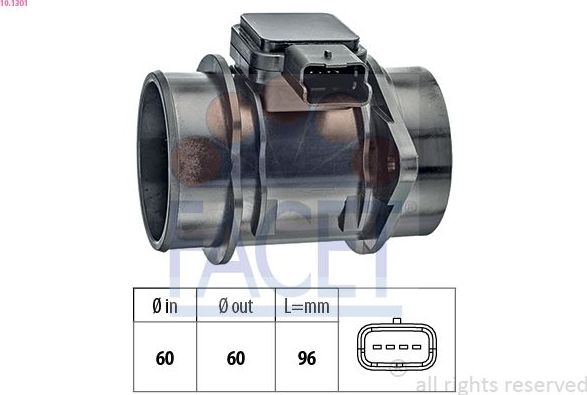 РАСХОДОМЕР ВОЗДУХА CITROEN: C1 1.4 HDI 05-, C2 1.4 Facet Made in Italy - OE Equivalent. Артикул 10.1301