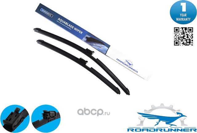 Комплект бескаркасных щеток стеклоочистителя 600mm/530mm AQUA BLADE , с форсун (Roadrunner). Артикул RR600530FKWH