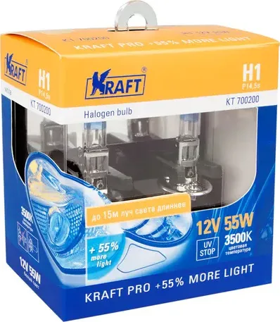 Автолампа H1 12v 55w (P14,5s) Kraft Pro +55% more light (2шт. блистер). Артикул KT700200