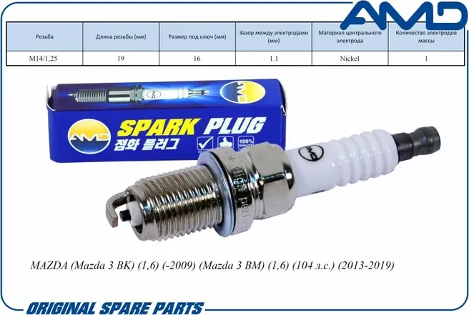 Свеча зажигания (Nickel) MAZDA (Mazda 3 BK) (1,6) (-2009) (Mazda 3 BM) (1,6) (AMD). Артикул AMD.PL156