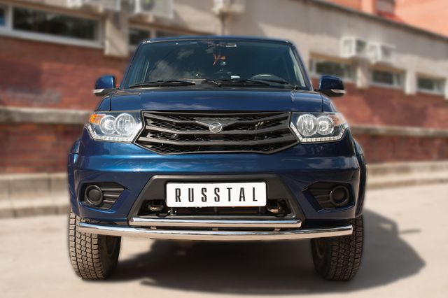 Защита RusStal переднего бампера d63 (дуга) d42 (дуга) для УАЗ Patriot 2014-2026. Артикул UPZ-002067
