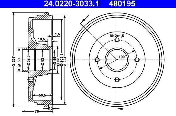 Тормозной барабан ATE для Nissan Note I 2006-2012. Артикул 24.0220-3033.1