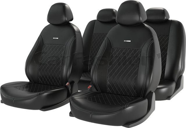 Чехлы универсальные CarFashion Atom Leather Ромб на сидения авто, цвет Черный/Черный/Серый. Артикул 11125