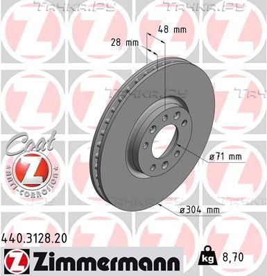 Тормозной диск Zimmermann Coat Z передний для Peugeot 308 II 2013-2026. Артикул 440.3128.20