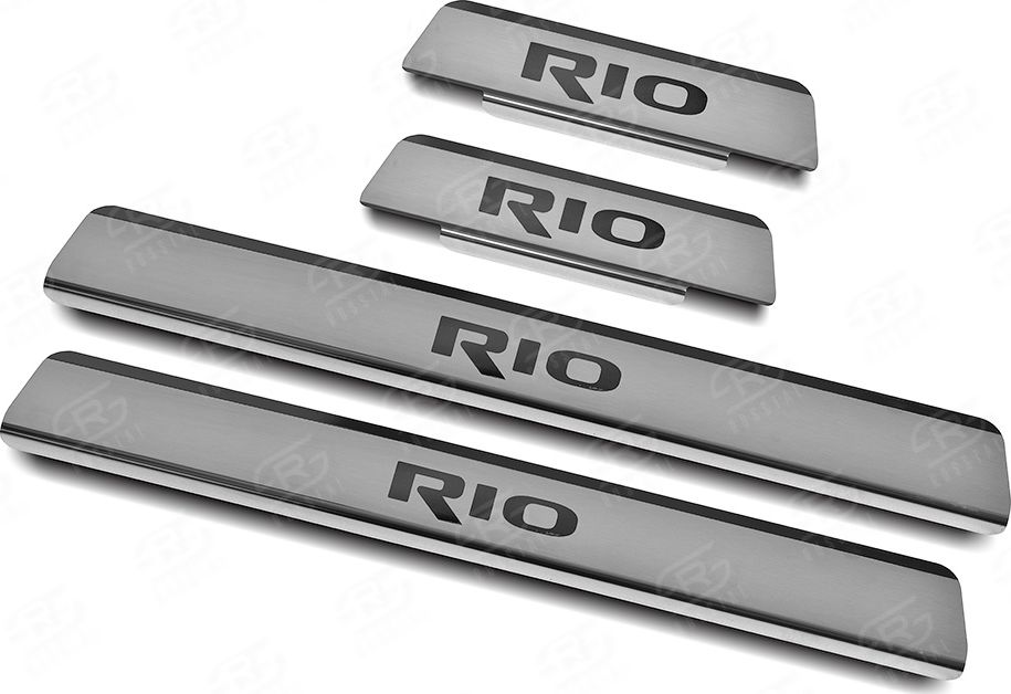 Накладки RusStal на пороги (лист нерж. шлифованный с надписью) для Kia Rio IV 2017-2026. Артикул KIRIO17-03