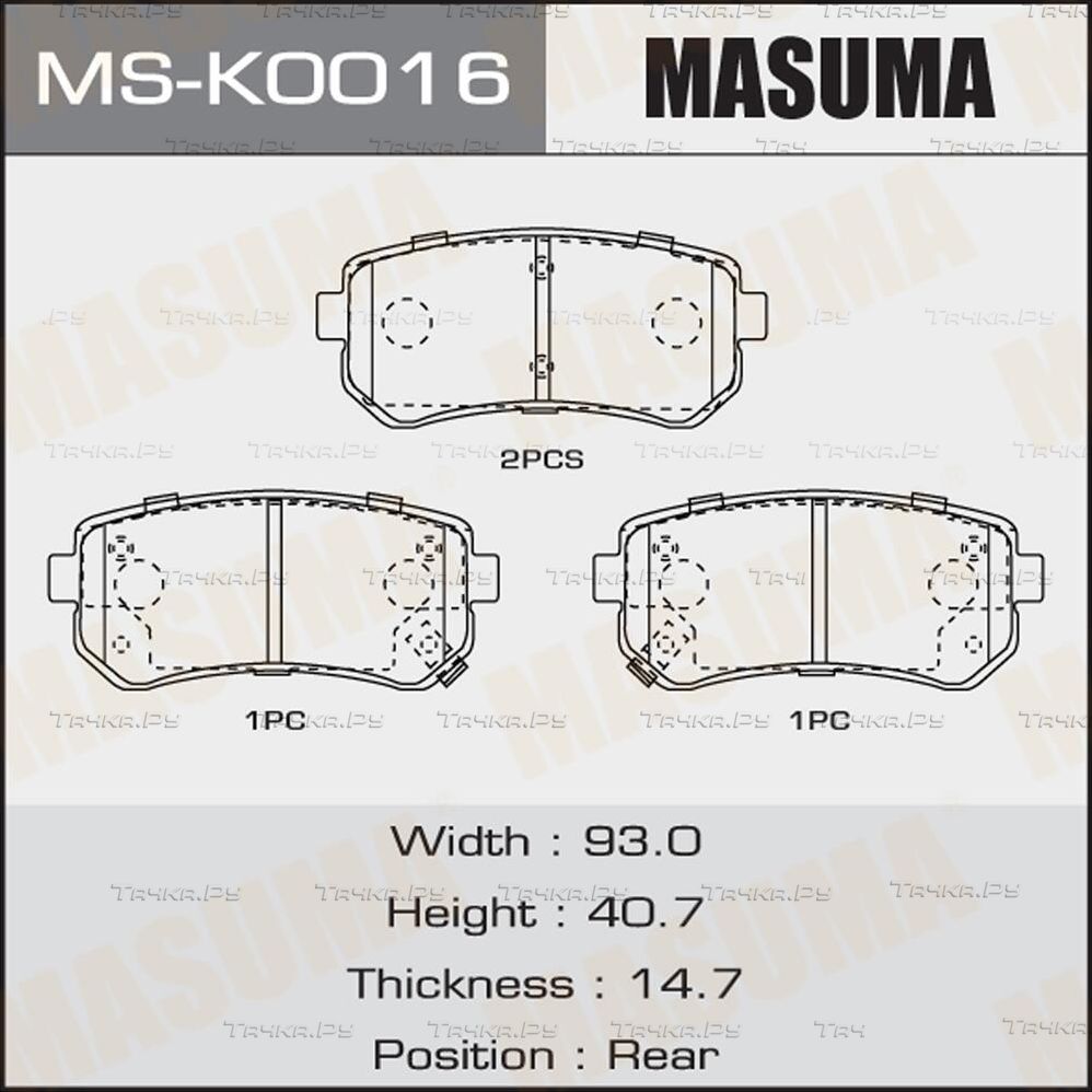Тормозные колодки Masuma задние для Kia Seltos I 2019-2026. Артикул MS-K0016