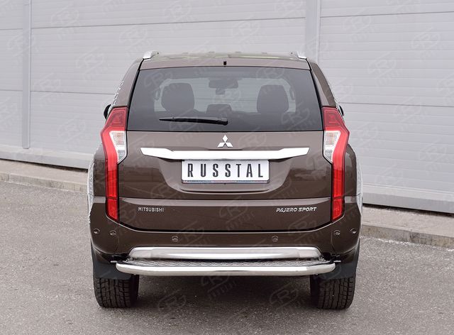 Защита RusStal заднего бампера d63 с листом (Лист алюм, проф. сталь) (вариант 2) для Mitsubishi Pajero Sport III 2016-2020. Артикул MPJSZ-0024872