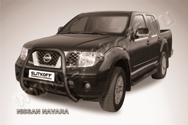 Кенгурятник Slitkoff d76 высокий ЧЕРНЫЙ матовый для Nissan Navara D40 2005-2010. Артикул NIN002B
