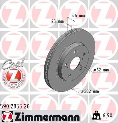 Тормозной диск Zimmermann Coat Z передний для Toyota Corolla E210 2018-2026. Артикул 590.2855.20