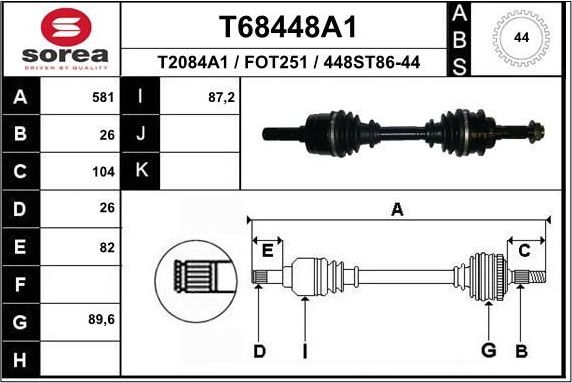 Полуось (привод в сборе, приводной вал) EAI. Артикул T68448A1
