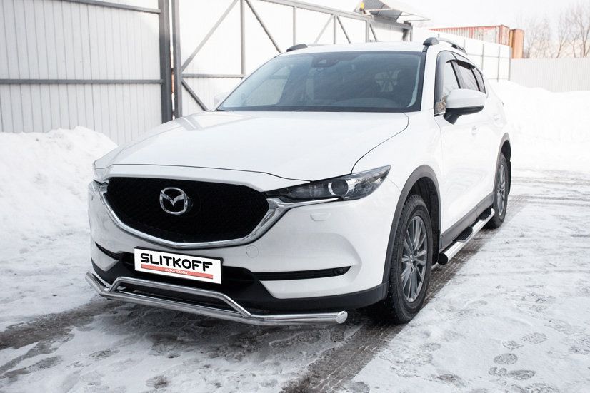 Защита Slitkoff переднего бампера d57+d32 двойная для Mazda CX-5 II 2017-2026. Артикул MZCX175-01