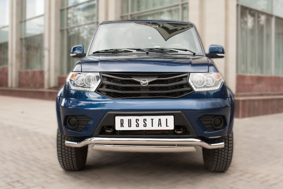 Защита RusStal переднего бампера d63 (волна) d75х42 (дуга) для УАЗ Patriot 2014-2026. Артикул UPZ-002064