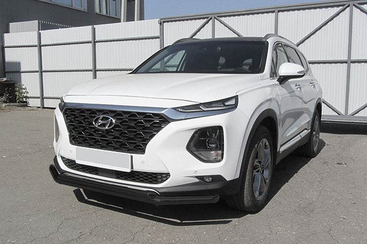 Защита Slitkoff переднего бампера d57+d42 двойная для Hyundai Santa Fe IV 2018-2026 Черная. Артикул HSFT18-001B