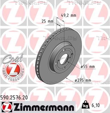 Тормозной диск Zimmermann Coat Z передний для Toyota Corolla E120, E130 2001-2007. Артикул 590.2576.20