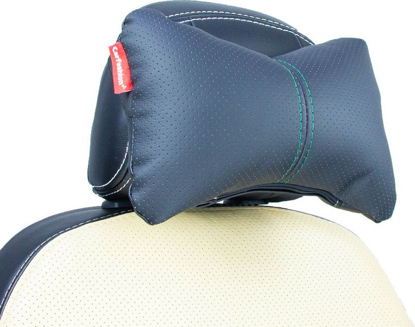 Подушка под шею CarFashion ортопедическая Экокожа, цвет Черный/Черный/Зеленый. Артикул 41084