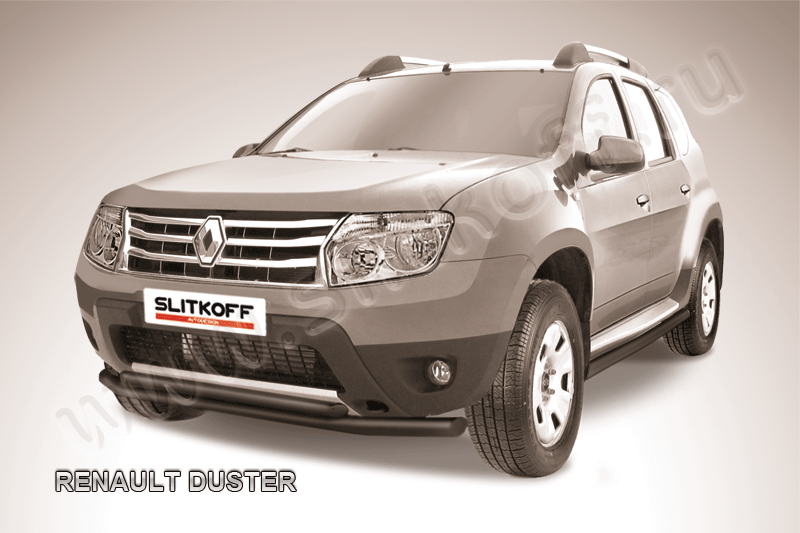 Защита Slitkoff переднего бампера d57/42 двойная ЧЕРНАЯ матовая для Renault Duster I 2010-2015. Артикул RD002B