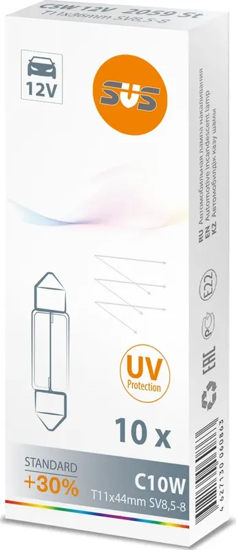 Лампа накаливания 12V C10W T11x44mm 10W SV8,5-8 SVS Standard 1 шт. картон T11x44mm 0200060000. Артикул 0200060000