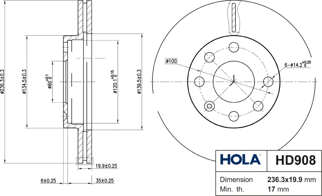 Тормозной диск HOLA передний для Opel Kadett D 1983-1984. Артикул HD908