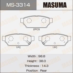 Тормозные колодки Masuma задние для Mitsubishi Colt VI (Z20/Z30) 2005-2012. Артикул MS-3314