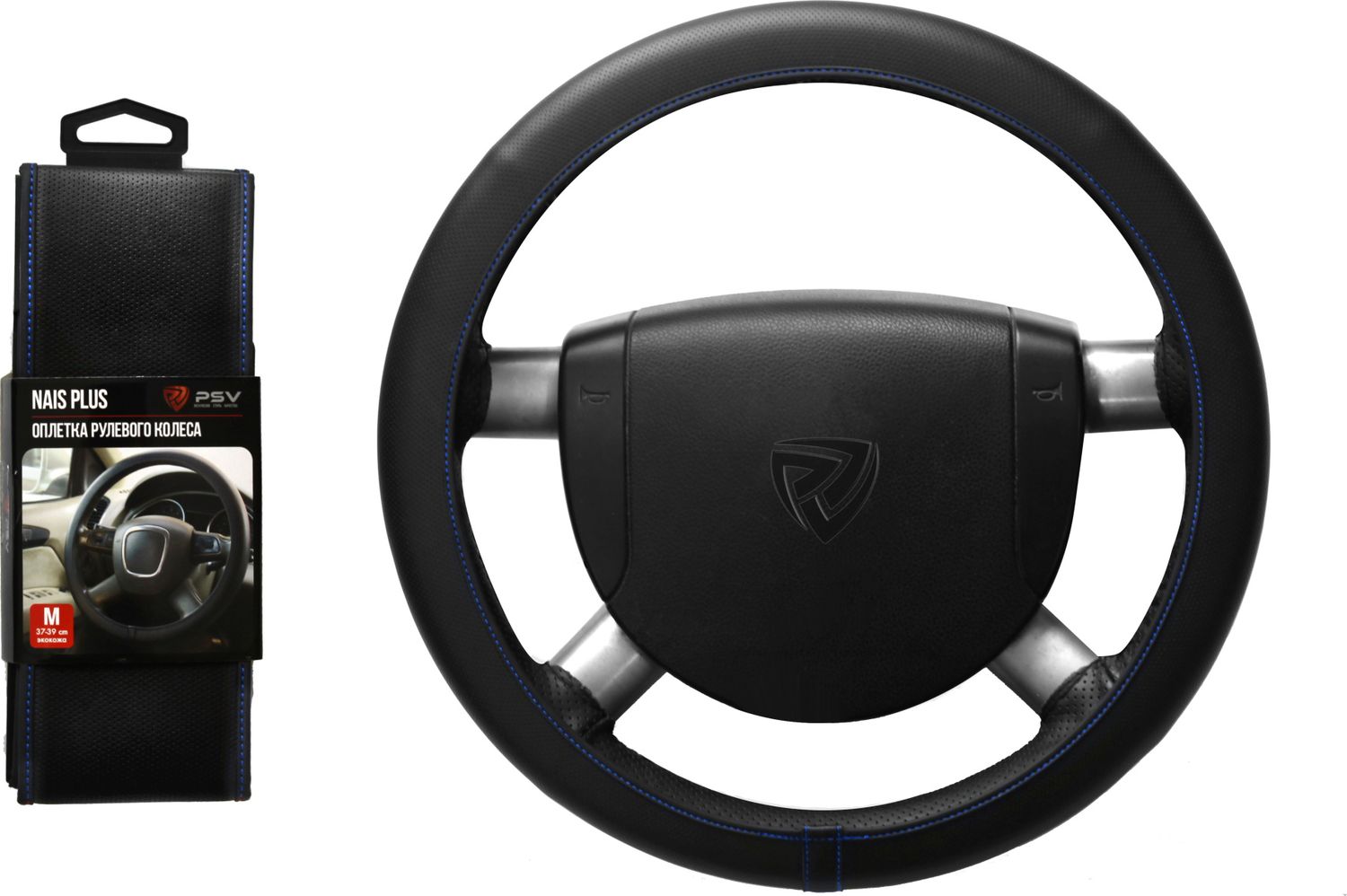 Оплётка на руль PSV Nais Plus (размер M, экокожа, цвет ЧЕРНЫЙ/СИНИЙ). Артикул 129828