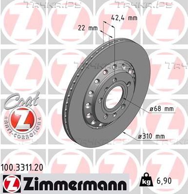 Тормозной диск Zimmermann Coat Z задний для Volkswagen Phaeton I 2002-2016. Артикул 100.3311.20