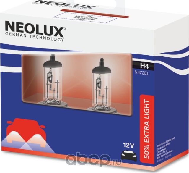 Лампа 12V H4 60/55W P43t +50% 1650/1000лм бокс (2шт.) Extra Light NEOLUX. Артикул N472EL2SCB