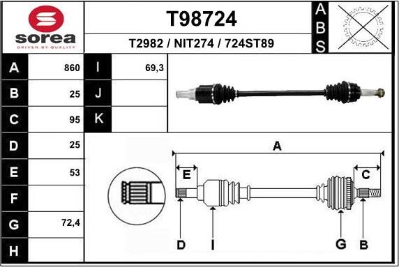 Полуось (привод в сборе, приводной вал) EAI. Артикул T98724