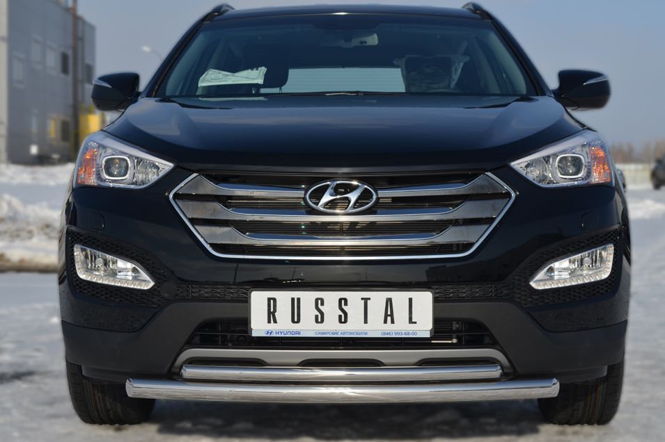 Защита RusStal переднего бампера труба d63/d42 (дуга) для Hyundai Santa Fe III 2012-2018. Артикул HSFZ-001215