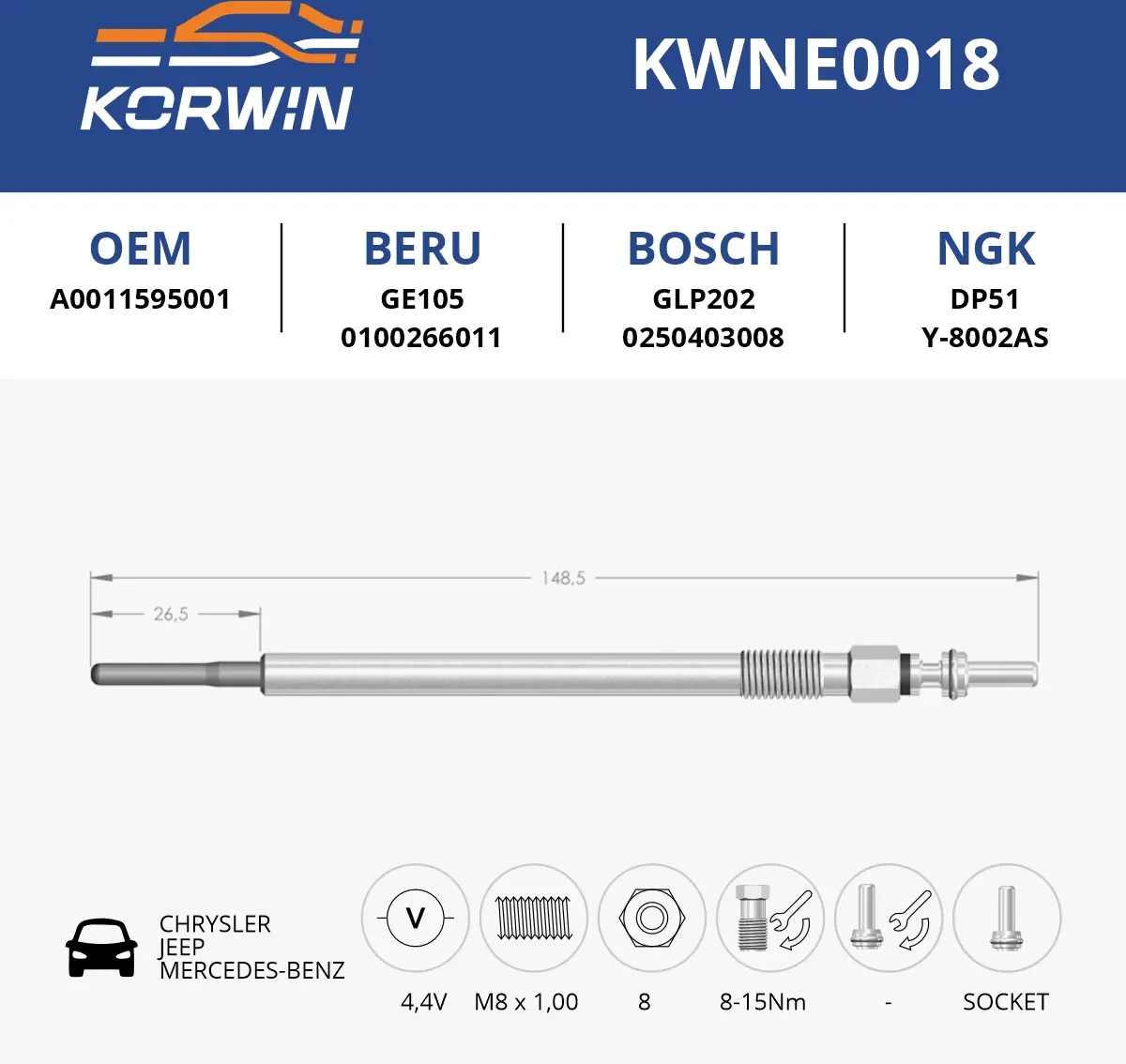 Свеча накаливания Chrysler/Jeep/Mercedes-Benz (гар. 2 года) пр. Турция (Korwin). Артикул KWNE0018
