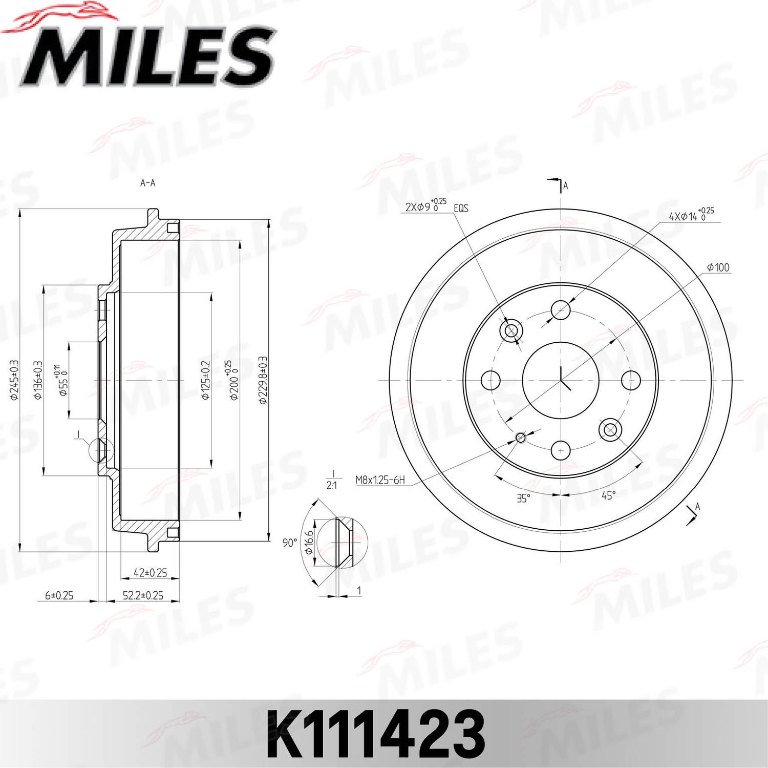 Тормозной барабан Miles задний для Mazda 323 V (BA) 1994-1998. Артикул K111423