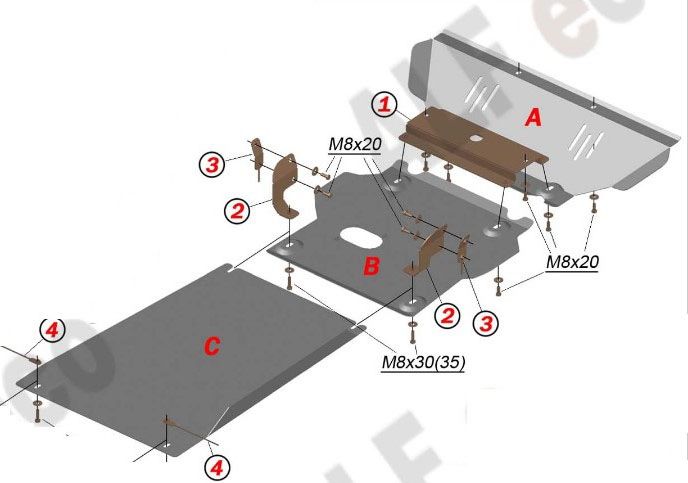 Защита алюминиевая Alfeco для картера, КПП и радиатора Kia Sportage I 1993-2006. Артикул ALF.11.34al