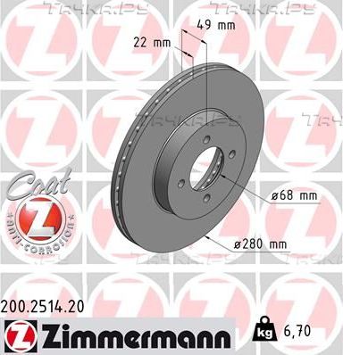 Тормозной диск Zimmermann Coat Z передний для Nissan 200SX S13 1988-1993. Артикул 200.2514.20