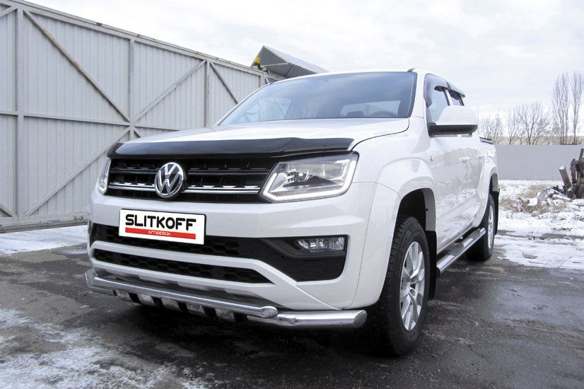 Защита Slitkoff переднего бампера d76+d57 двойная с профильной ЗК для Volkswagen Amarok I рестайлинг 2016-2026. Артикул VWAM16-001