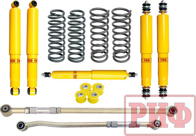 Лифт-комплект РИФ для Nissan Patrol Y60, Y61 (правый руль) 1987-2000, лифт 100 мм, нагрузка передних пружин + 100 кг, задних рессор - до +0-300 кг. Артикул RIF-Y60-4-R