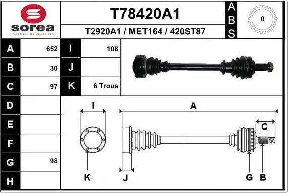 Полуось (привод в сборе, приводной вал) EAI передняя правая/левая для Mercedes-Benz Vito II (W639) 2006-2014. Артикул T78420A1