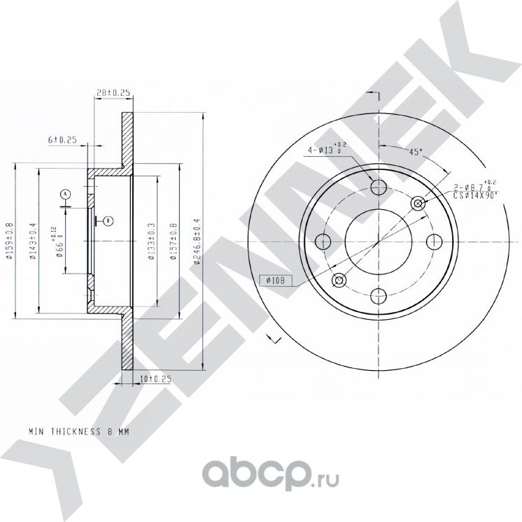 Диск тормозной передний PEUGEOT 205 I/II 83-00 PEUGEOT 206 98-12 (Zennek). Артикул DBD0254