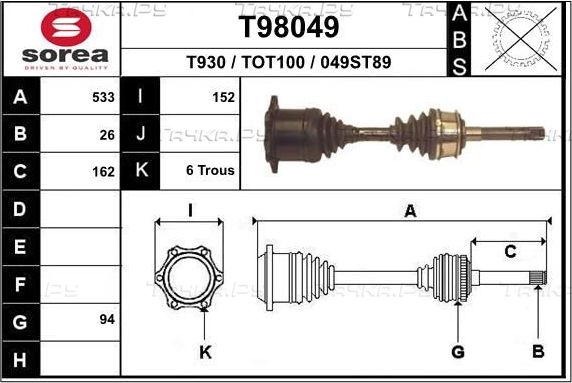 Полуось (привод в сборе, приводной вал) EAI передняя правая/левая для Toyota Hilux V 1994-1997. Артикул T98049