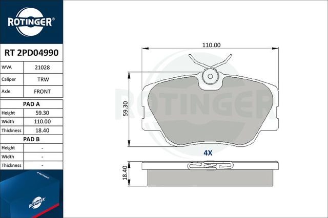 Тормозные колодки Rotinger передние для Mercedes-Benz E-Класс I (W124) 1993-1998. Артикул RT 2PD04990