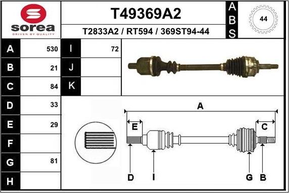 Полуось (привод в сборе, приводной вал) EAI. Артикул T49369A2